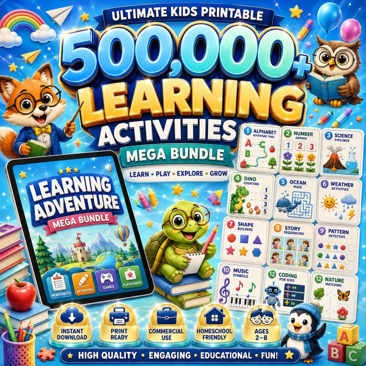 500,000+ Kids Educational Bundle PLR MRR ,Worksheets, Canva Templates, Business Social Media, Coloring Pages, Homeschool Learning Games
