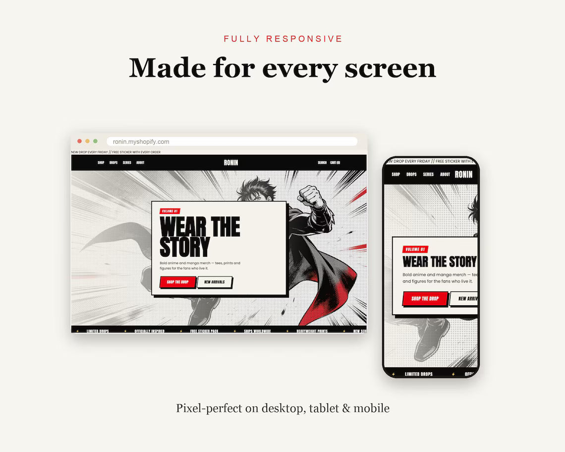 Ronin Shopify Theme, Bold Black White Manga Website (Instant Download)