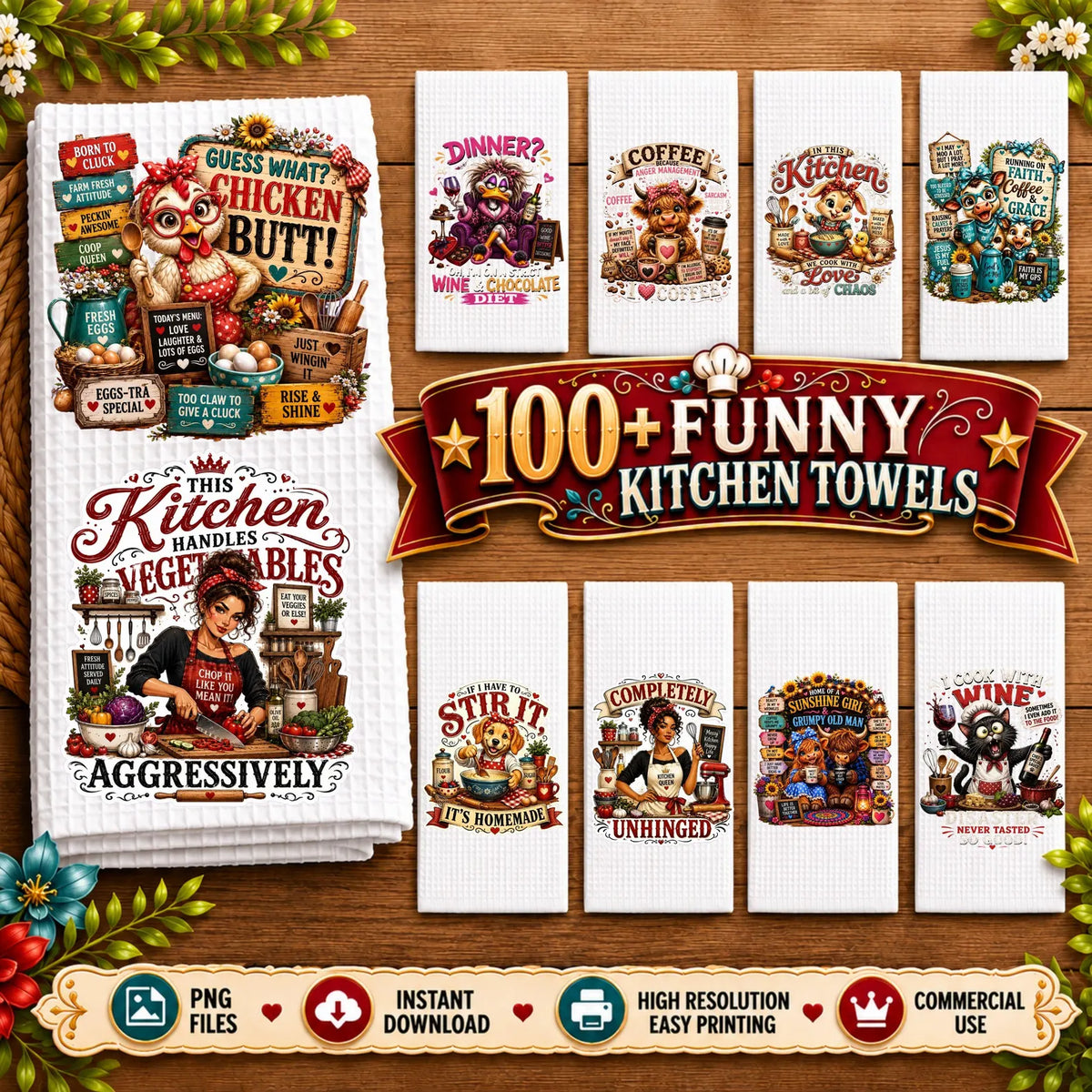 100 Funny Kitchen Towel PNG Bundle, Retro Farmhouse Sarcastic Designs