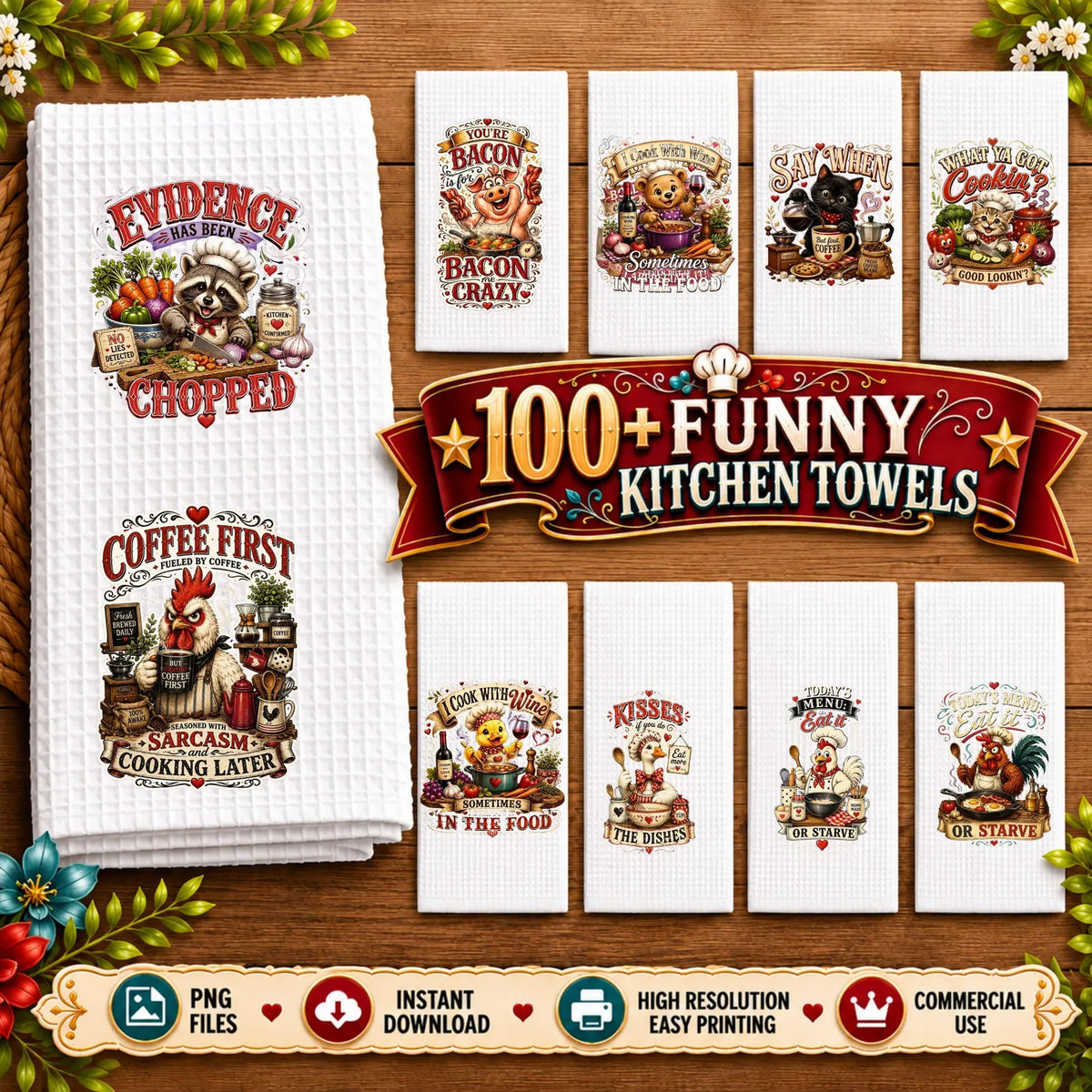 100 Funny Kitchen Towel PNG Bundle, Retro Farmhouse Sarcastic Designs