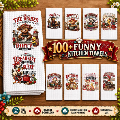 100 Funny Kitchen Towel PNG Bundle, Retro Farmhouse Sarcastic Designs