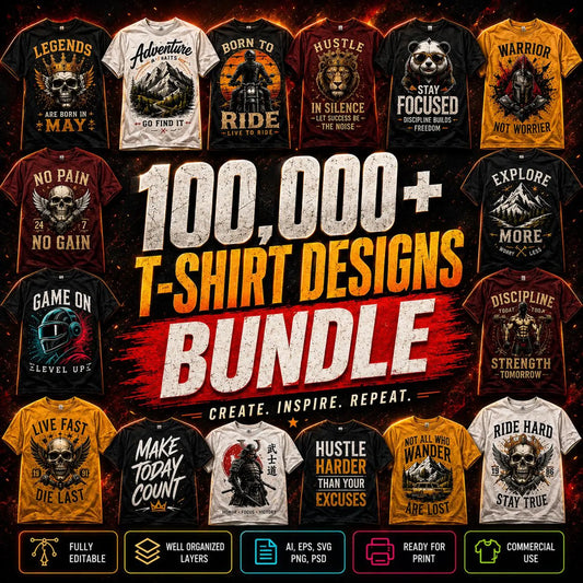 100,000+ T-Shirt Design Bundle | Graphic Tees, Vintage, Trendy, Pop Culture, Print-on-Demand, Editable Digital Download