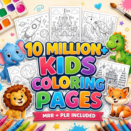 Promotional graphic for kids coloring pages with cartoon animals and crayons.