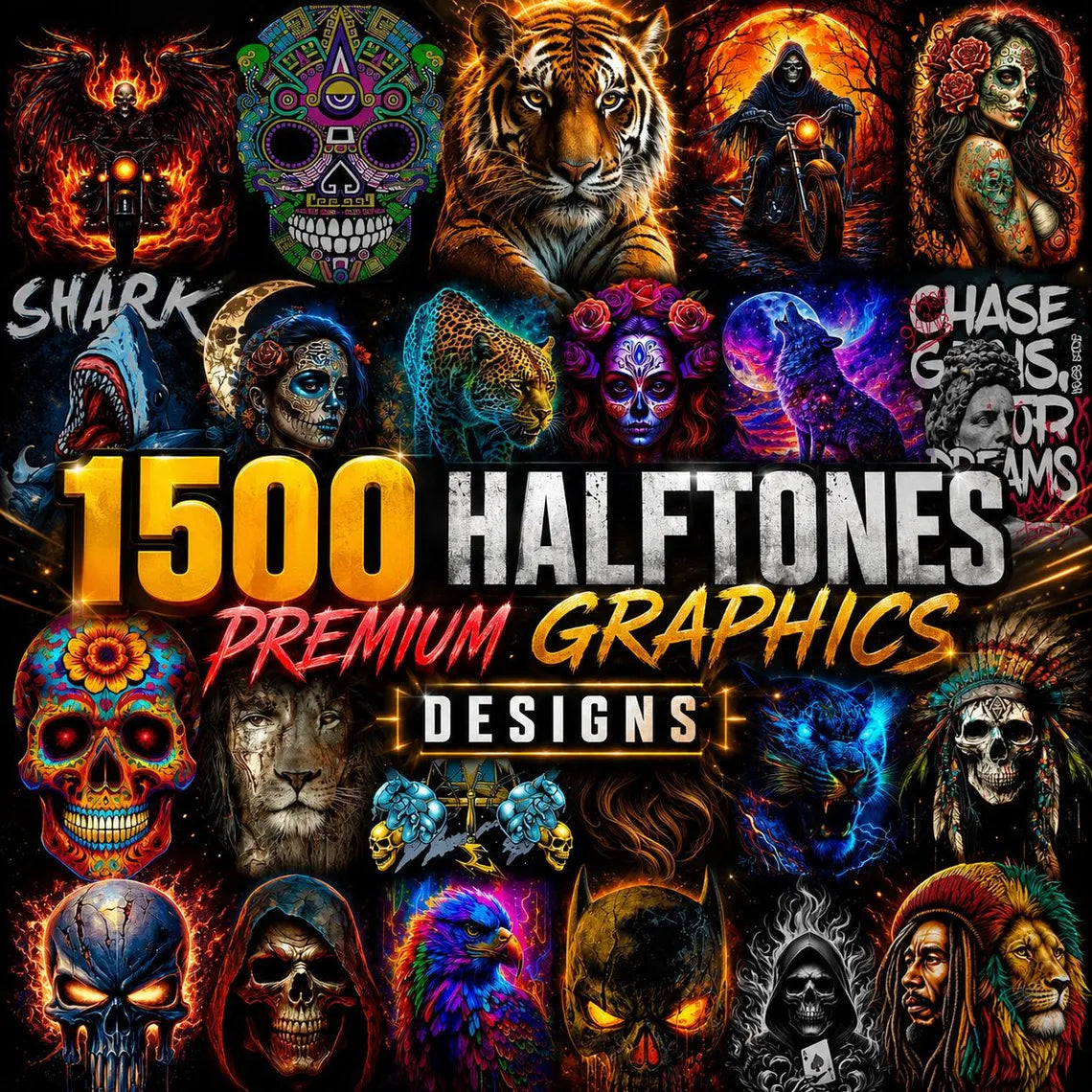 1500 Halftone PNG Bundle, DTF Transfer Designs, Tattoo Style Sublimation, Skull Animal Graphics, Commercial Use, Digital Download