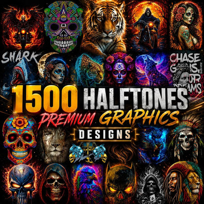 1500 Halftone PNG Bundle, DTF Transfer Designs, Tattoo Style Sublimation, Skull Animal Graphics, Commercial Use, Digital Download