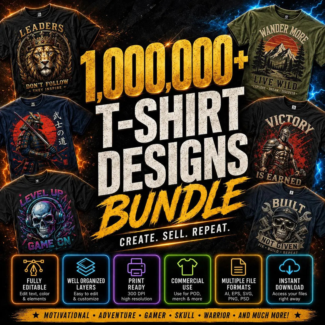 1 Million T-shirt Designs Bundle, Editable png svg eps ai psd Files, Commercial Use, pod Merch Digital Download