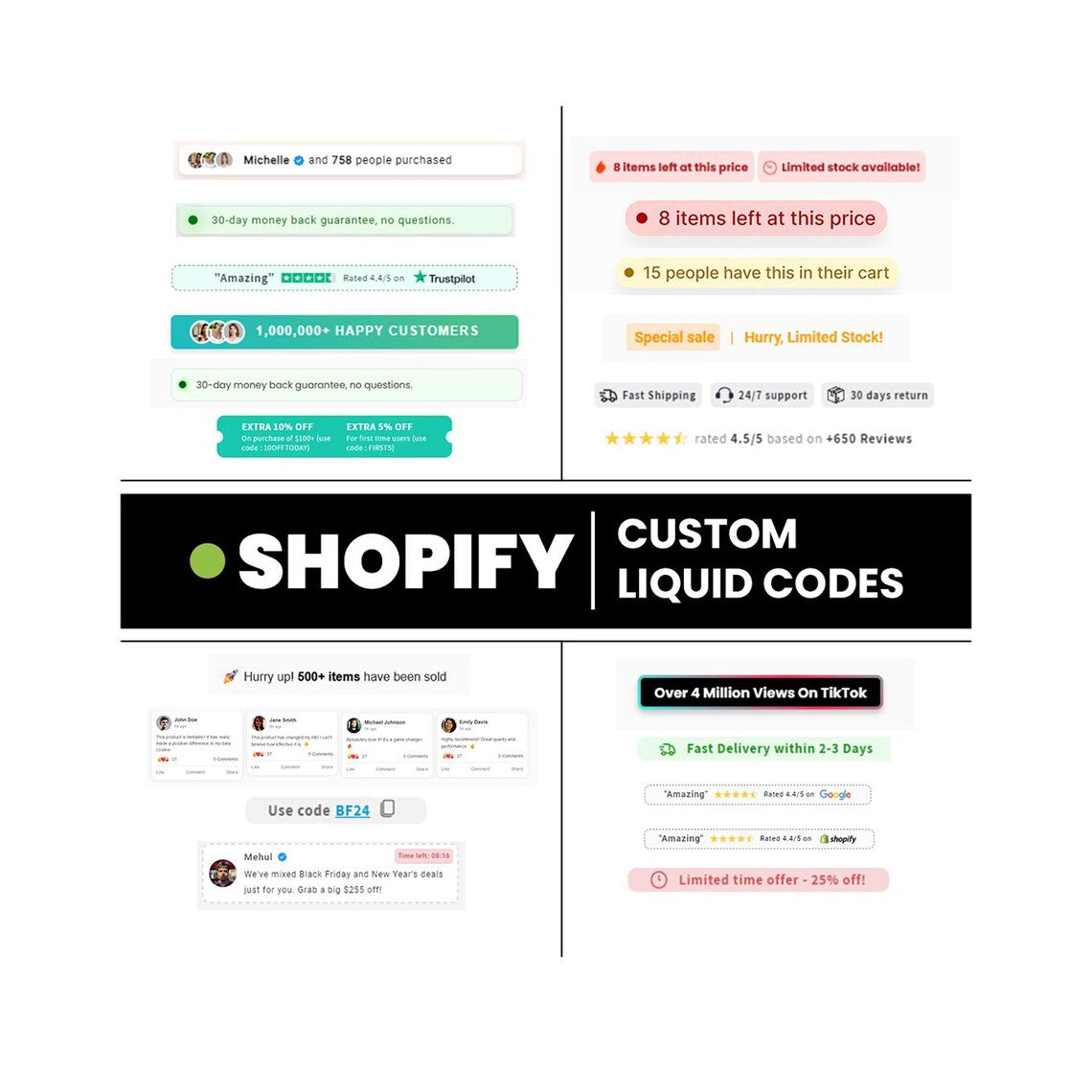 200+ Shopify Custom Liquid Codes Bundle | Urgency Banners, Trust Badges, Sales Pop-Ups | PLR + MRR Included