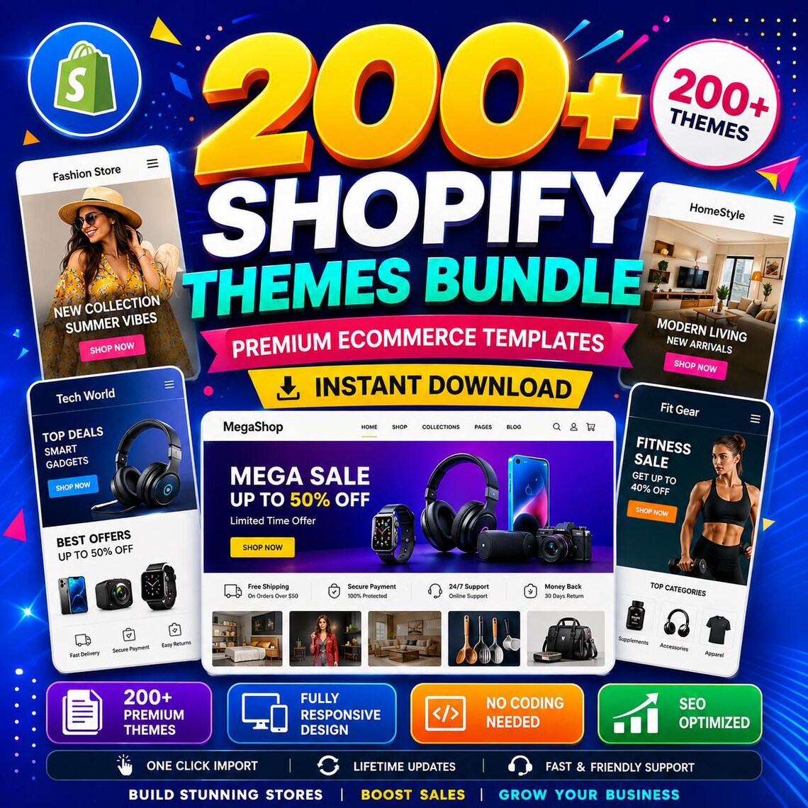 200+ Shopify Templates Bundle, Shopify Custom Website Design, eCommerce Website Themes, Custom Shopify Theme Design, Instant Download