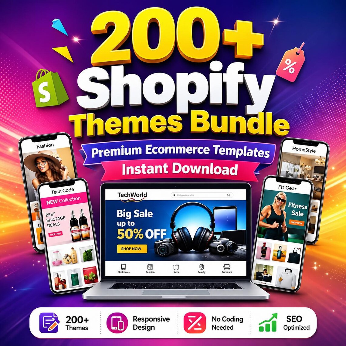 200+ Shopify Templates Bundle, Shopify Custom Website Design, eCommerce Website Themes, Custom Shopify Theme Design, Instant Download