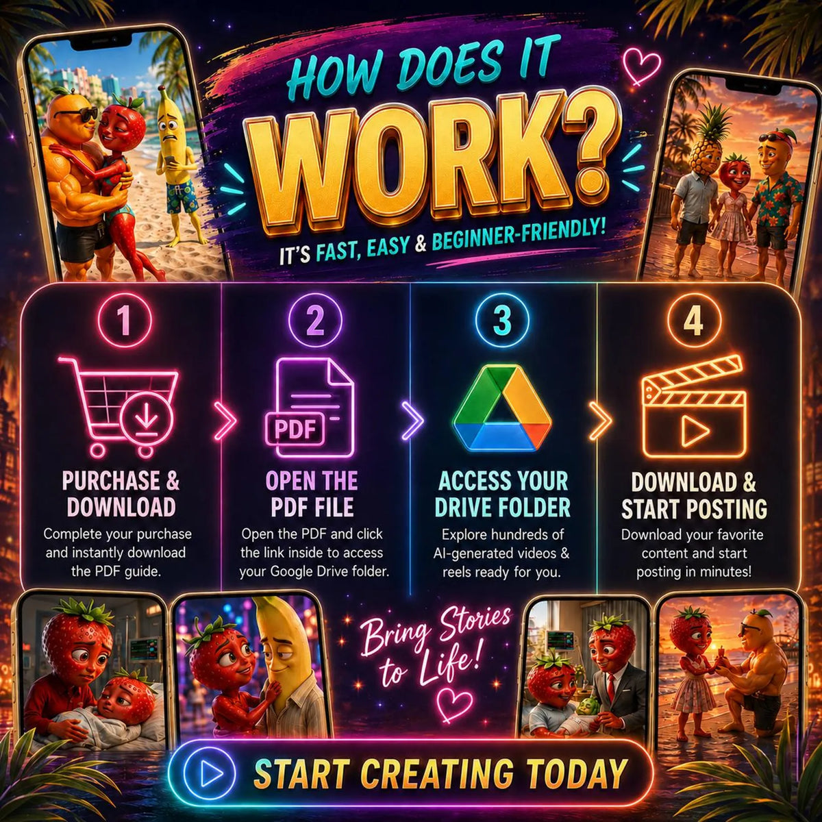 2100 AI Fruits Drama Reels Bundle, Story Videos, Social Media Content, Instant Digital Download
