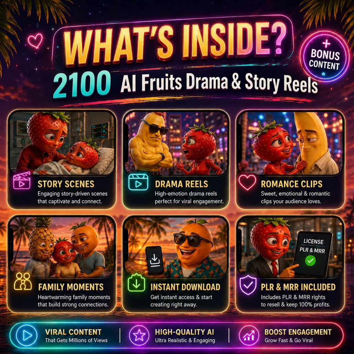 2100 AI Fruits Drama Reels Bundle, Story Videos, Social Media Content, Instant Digital Download