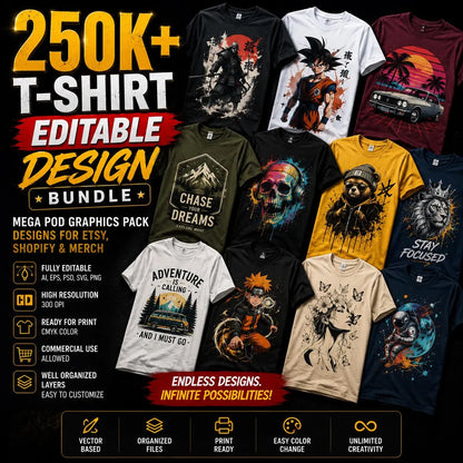 250,000+ T-Shirt Editable Design Ultimate Bundle – Mega POD Graphics Pack | Designs for Etsy, Shopify & Merch