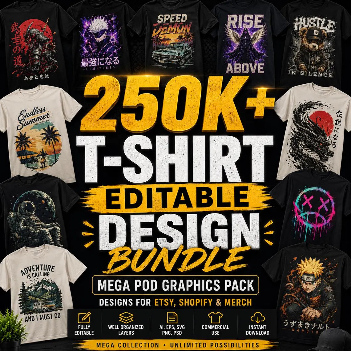 250,000+ T-Shirt Editable Design Ultimate Bundle – Mega POD Graphics Pack | Designs for Etsy, Shopify & Merch