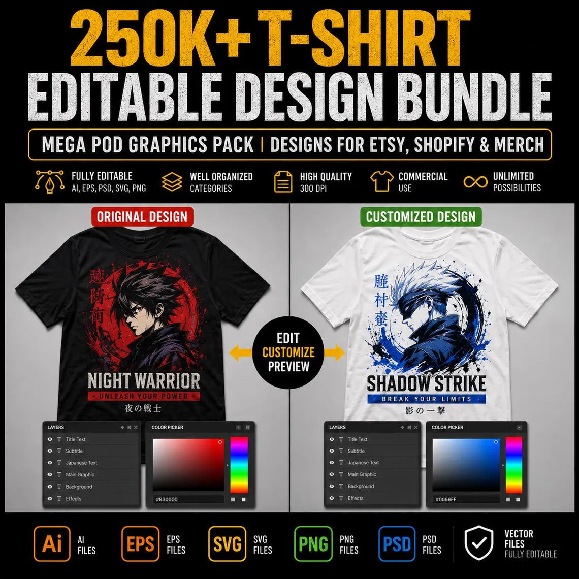 250,000+ T-Shirt Editable Design Ultimate Bundle – Mega POD Graphics Pack | Designs for Etsy, Shopify & Merch