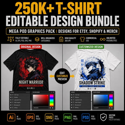 250,000+ T-Shirt Editable Design Ultimate Bundle – Mega POD Graphics Pack | Designs for Etsy, Shopify & Merch