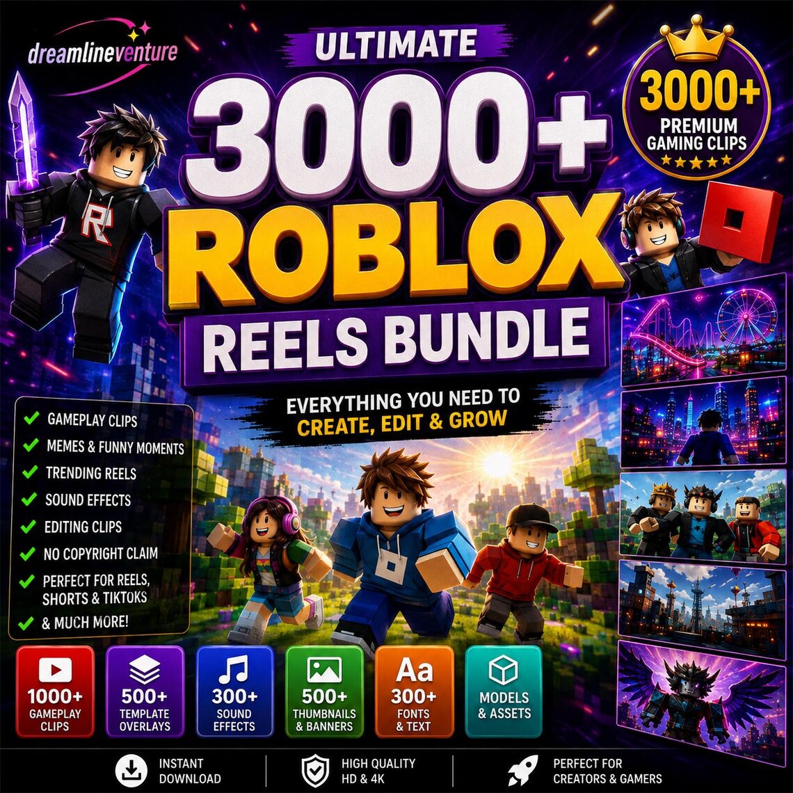 3000+ Roblox Reels Bundle | Viral TikTok & YouTube Shorts Clips, Templates, Thumbnails, Sound Effects, Music Gaming Assets