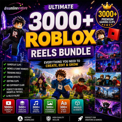 3000+ Roblox Reels Bundle | Viral TikTok & YouTube Shorts Clips, Templates, Thumbnails, Sound Effects, Music Gaming Assets