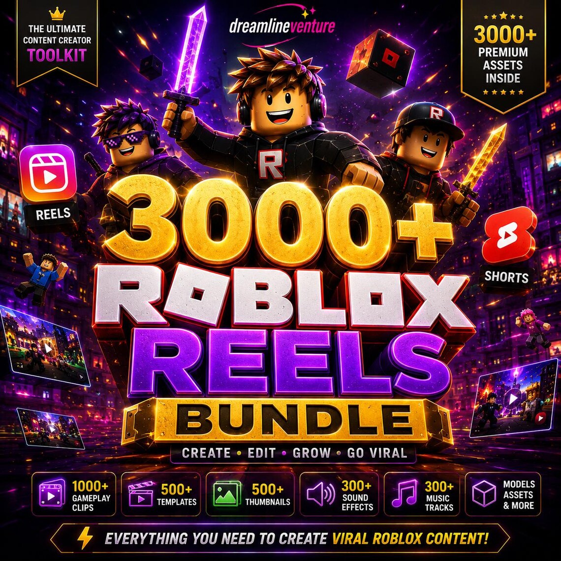 3000+ Roblox Reels Bundle | Viral TikTok & YouTube Shorts Clips, Templates, Thumbnails, Sound Effects, Music Gaming Assets