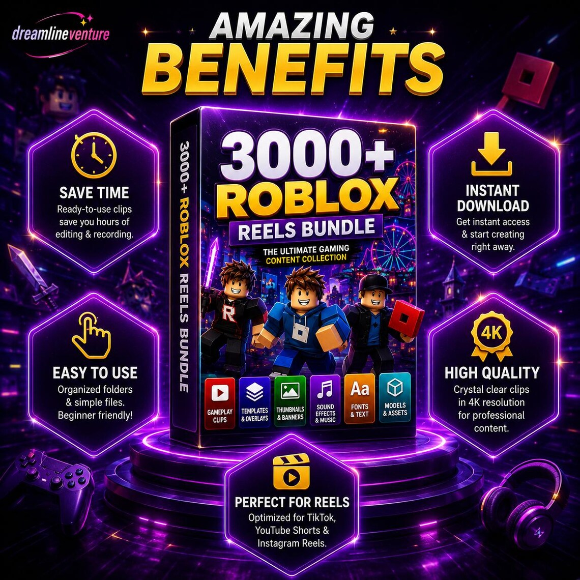 3000+ Roblox Reels Bundle | Viral TikTok & YouTube Shorts Clips, Templates, Thumbnails, Sound Effects, Music Gaming Assets