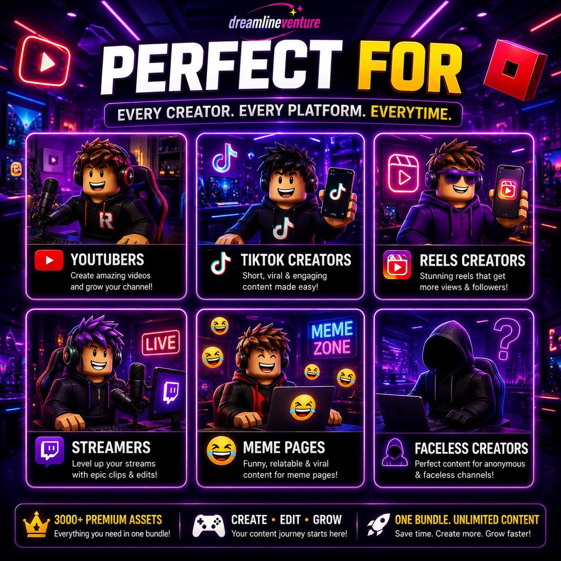 3000+ Roblox Reels Bundle | Viral TikTok & YouTube Shorts Clips, Templates, Thumbnails, Sound Effects, Music Gaming Assets