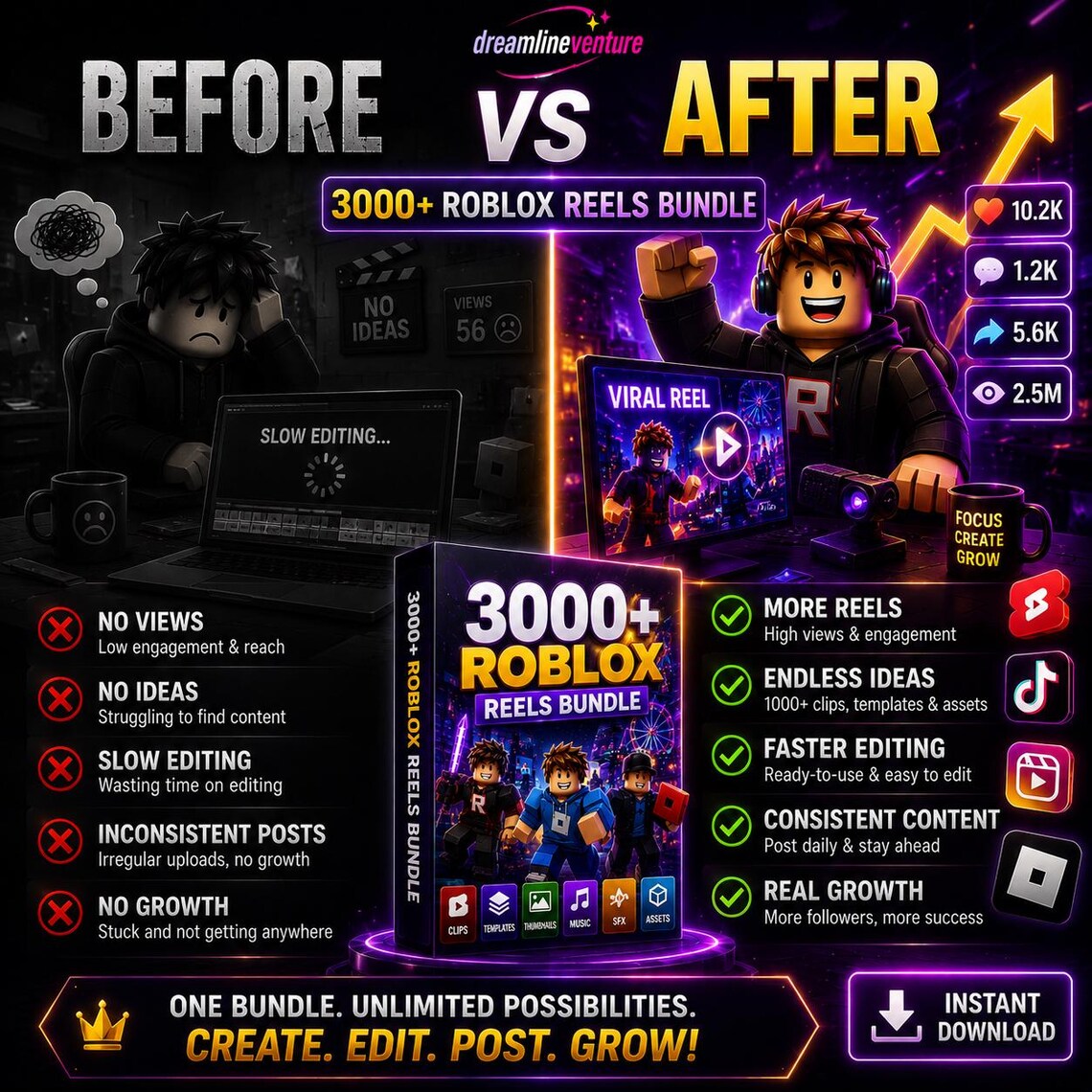 3000+ Roblox Reels Bundle | Viral TikTok & YouTube Shorts Clips, Templates, Thumbnails, Sound Effects, Music Gaming Assets