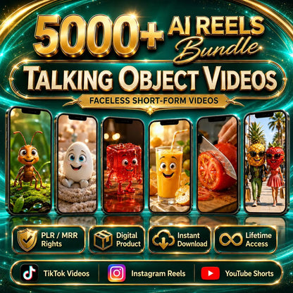 5000+ New AI Reels Bundle Faceless Talking Object Videos TikTok Instagram YouTube Shorts Ready To Post PLR MRR Resell Rights