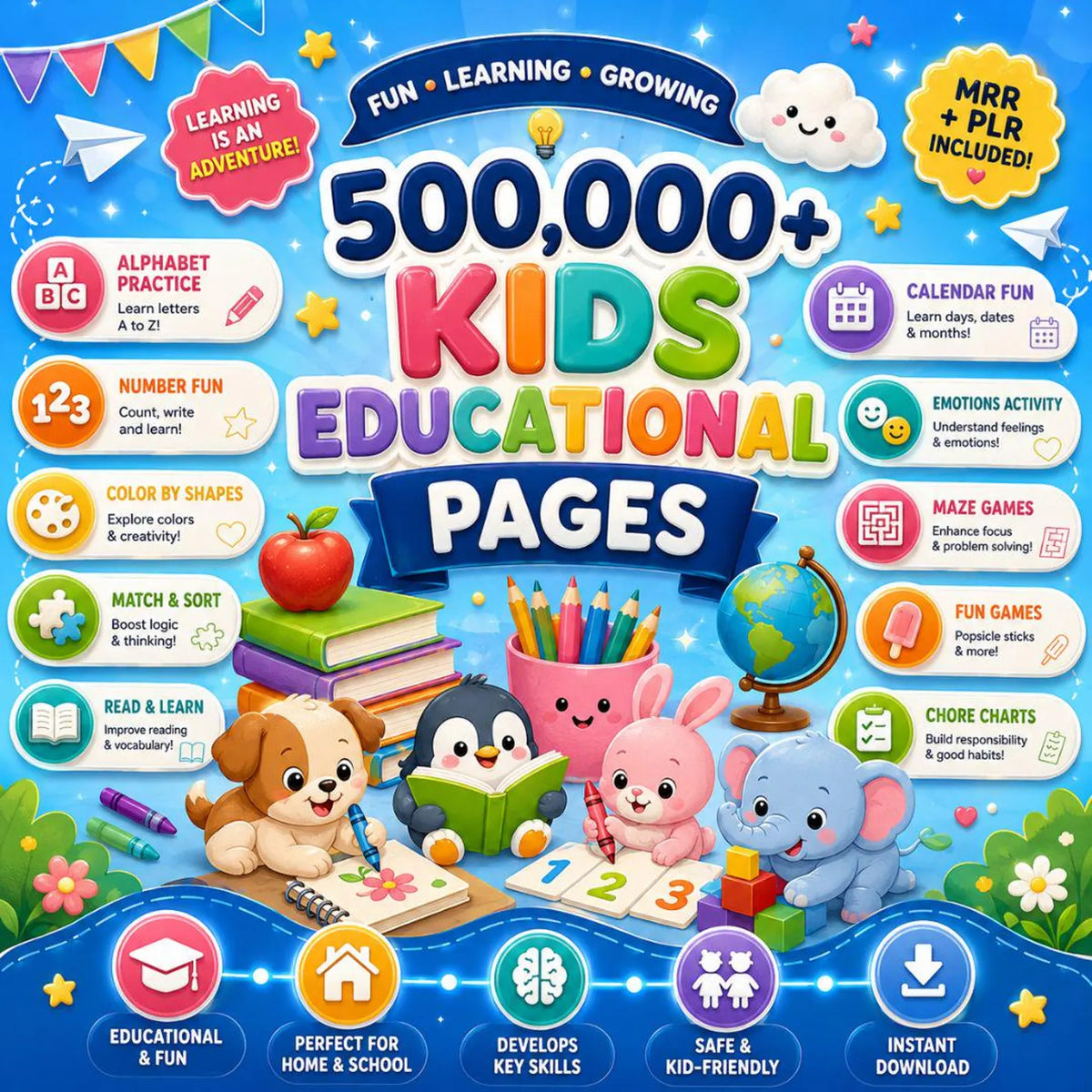 500,000+ Kids Educational Bundle PLR MRR ,Worksheets, Canva Templates, Business Social Media, Coloring Pages, Homeschool Learning Games