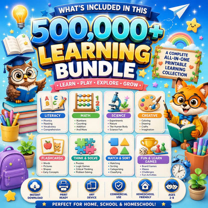 500,000+ Kids Educational Bundle PLR MRR ,Worksheets, Canva Templates, Business Social Media, Coloring Pages, Homeschool Learning Games