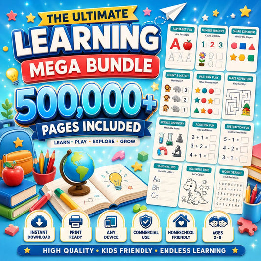 500,000+ Kids Educational Bundle PLR MRR ,Worksheets, Canva Templates, Business Social Media, Coloring Pages, Homeschool Learning Games