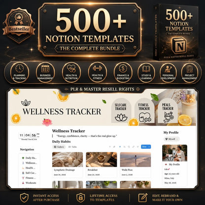 500+ Notion Templates Bundle PLR & Master Resell Rights MRR - Editable Planners B01
