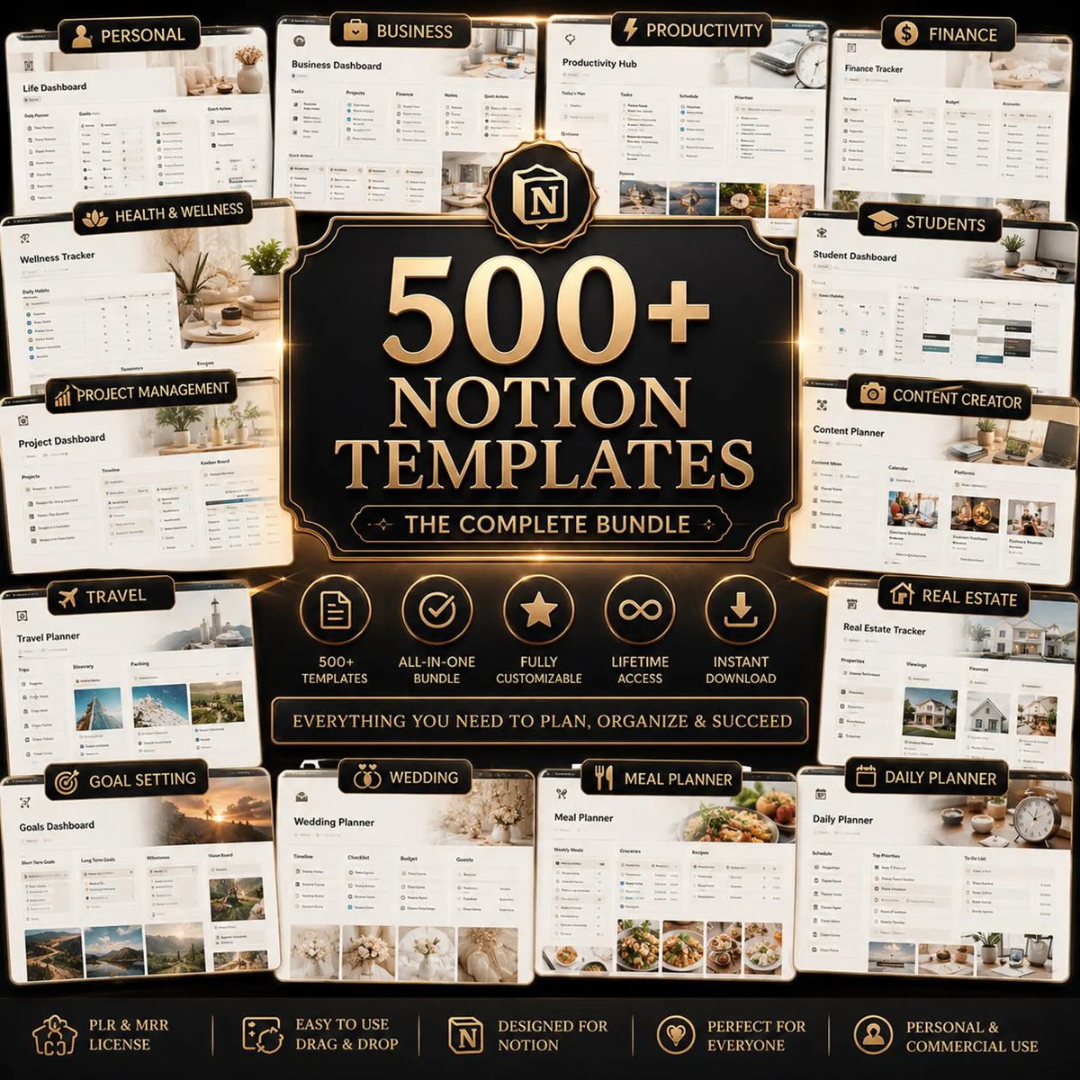 500+ Notion Templates Bundle PLR & Master Resell Rights MRR - Editable Planners B01