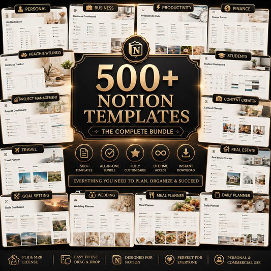 500+ Notion Templates Bundle PLR & Master Resell Rights MRR - Editable Planners B01