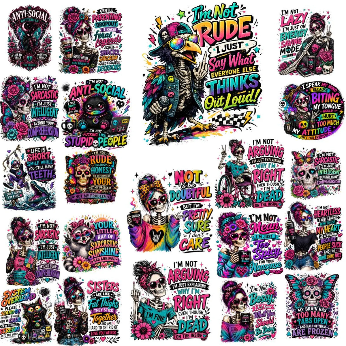 50 Sarcastic Skull PNG Bundle, Antisocial Skeleton Designs, Goth Humor Graphics (Digital Download)