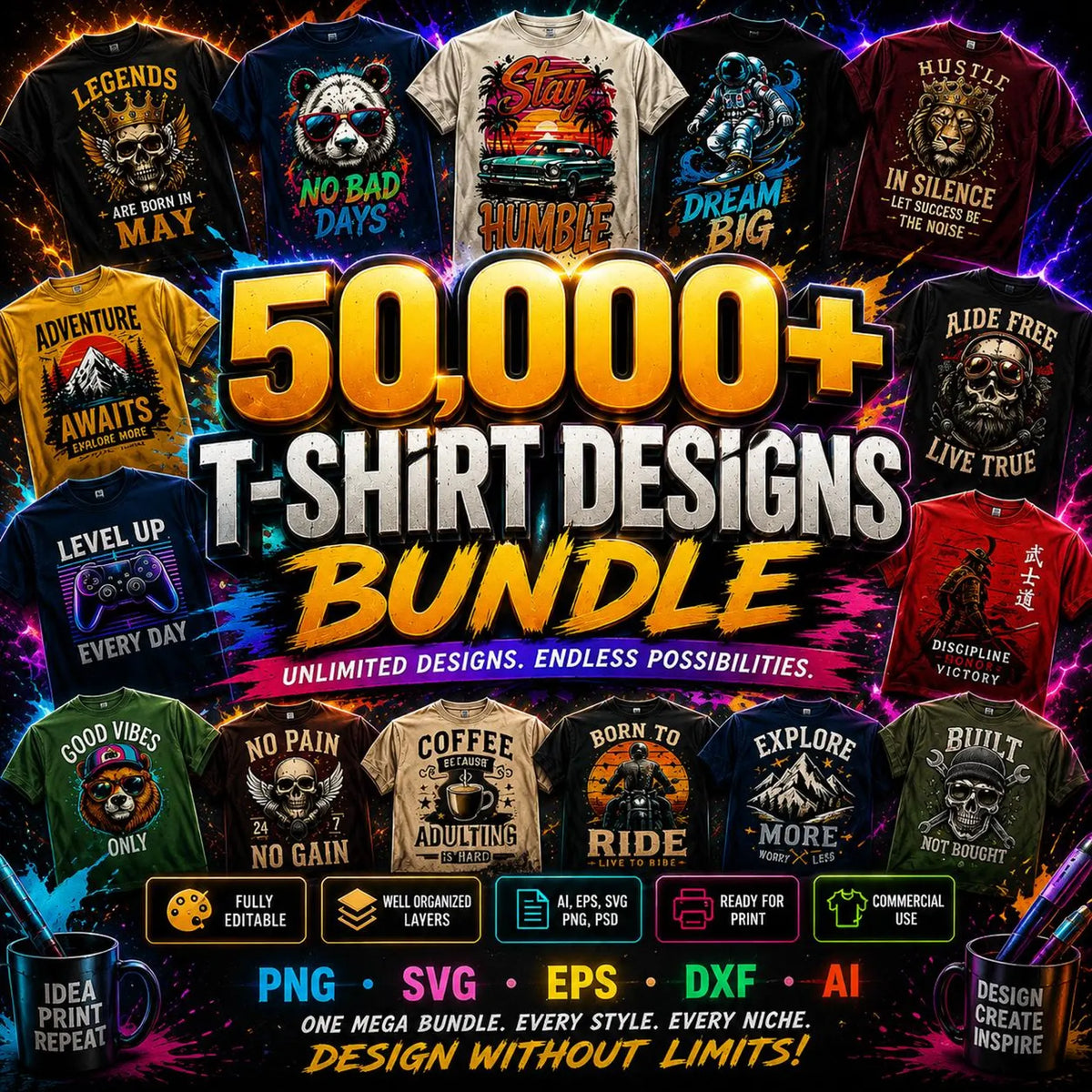 50,000+ T-Shirt Editable Design Bundle, Mega Svg Png Eps Dxf AI Pack, Designs For POD Etsy, Shopify & Merch, Retro Typography Shirt Graphics