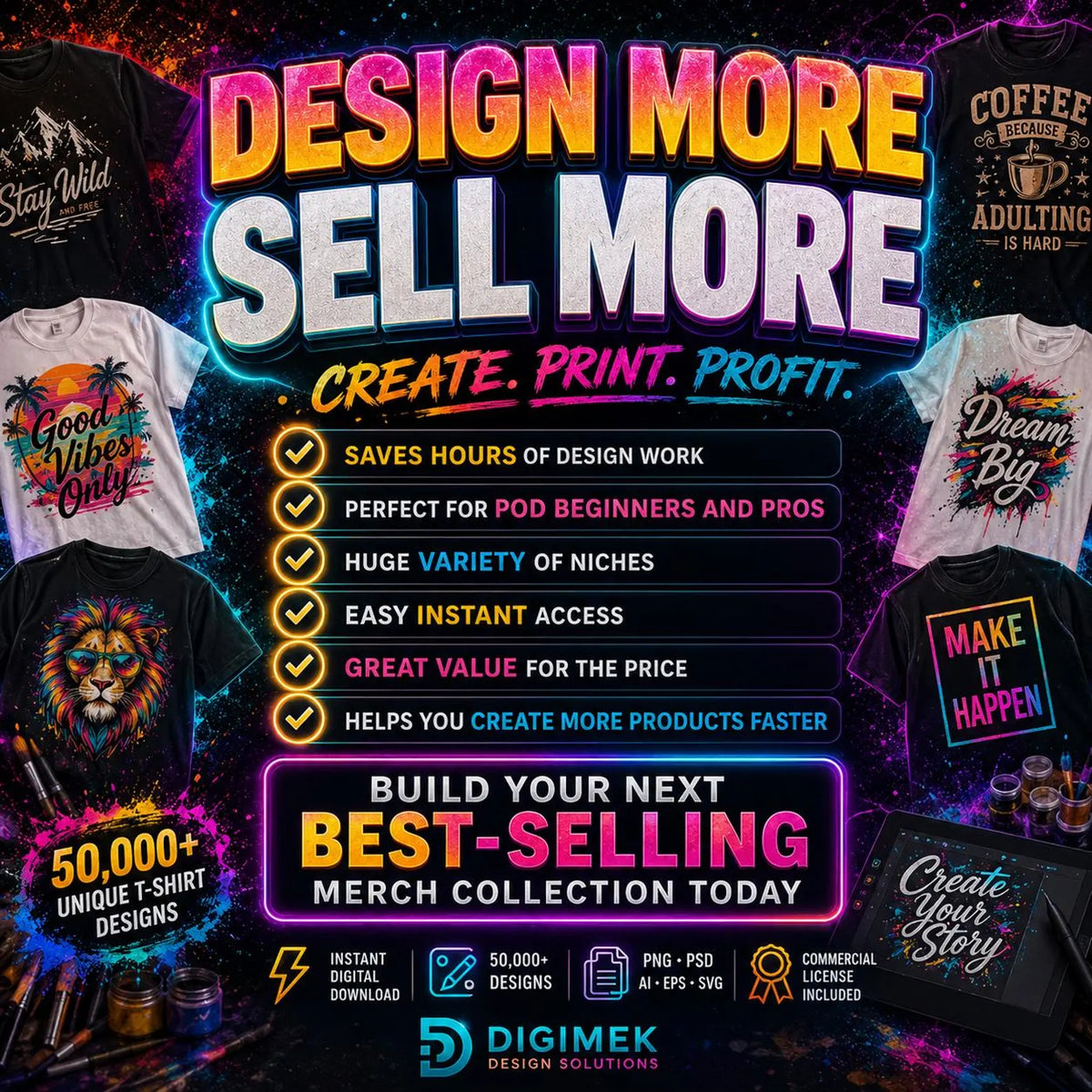 50,000+ T-Shirt Editable Design Bundle, Mega Svg Png Eps Dxf AI Pack, Designs For POD Etsy, Shopify & Merch, Retro Typography Shirt Graphics