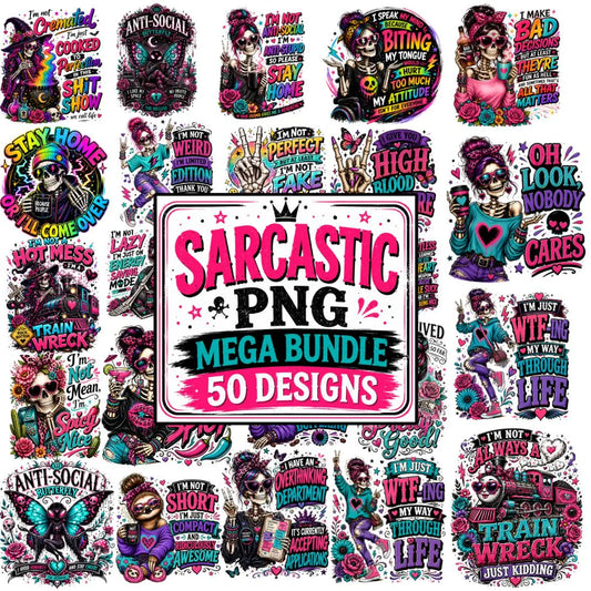 50 Sarcastic Skull PNG Bundle, Antisocial Skeleton Designs, Goth Humor Graphics (Digital Download)