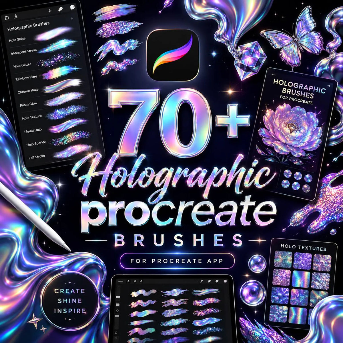 70+ Holographic Procreate Brushes | Glitter, Chrome, Foil (Digital Download)