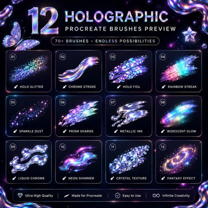 70+ Holographic Procreate Brushes | Glitter, Chrome, Foil (Digital Download)