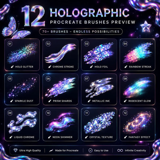 70+ Holographic Procreate Brushes | Glitter, Chrome, Foil (Digital Download)