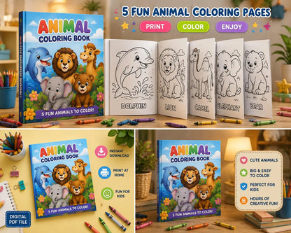 Animal Coloring Book for Kids, Printable Activity Pages (Digital Download)
