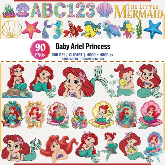 Baby Ariel Mermaid Clipart Bundle PNG Birthday Princess Set