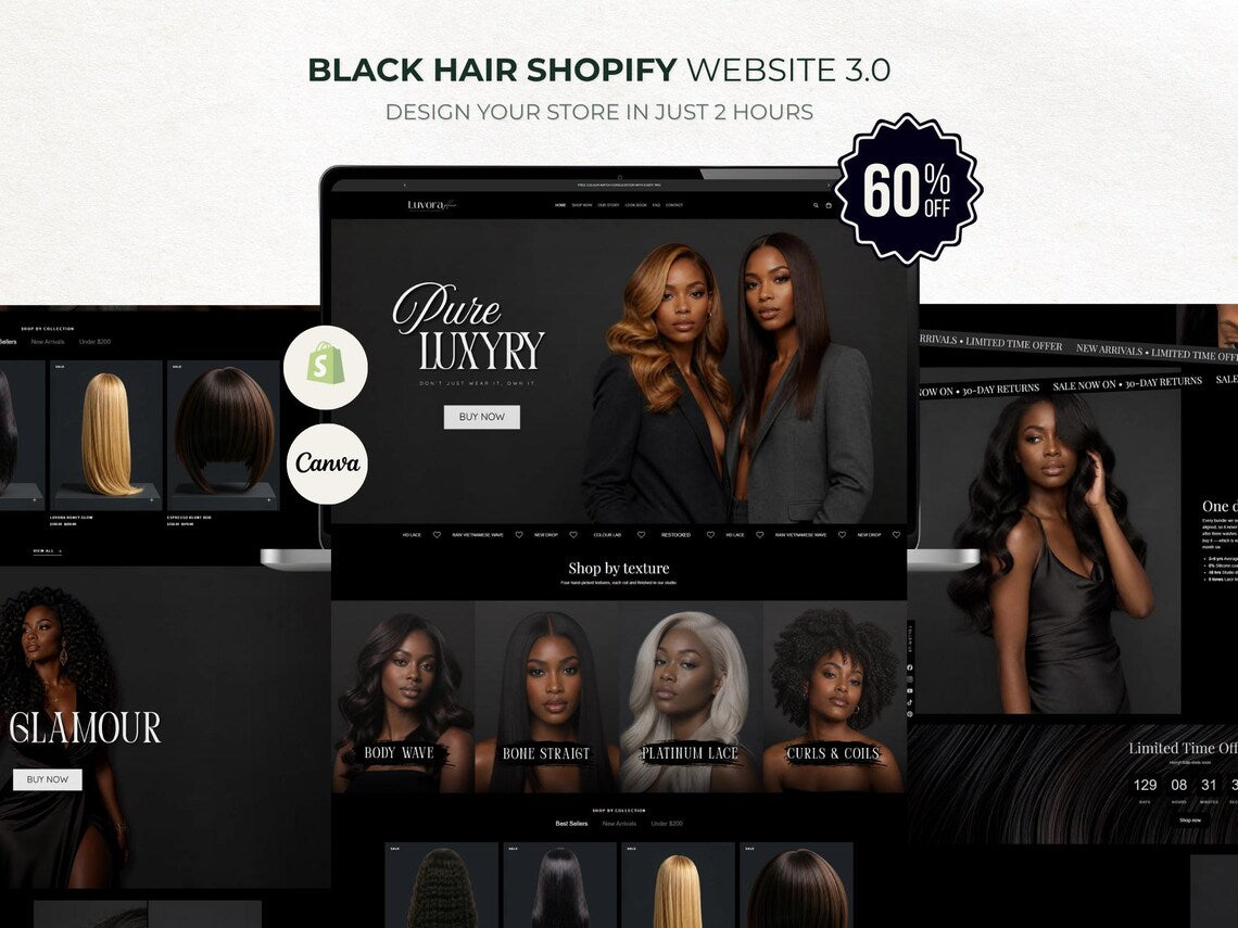 Black Hair website template shopify theme with editable canva banner design
