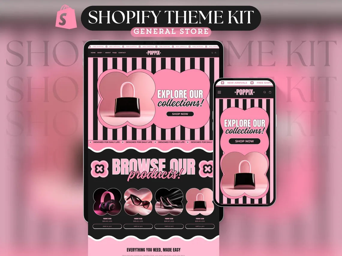 Black and Pink Shopify Theme Kit for Selling Products Shopify Website Template General Products Shop Template Retro Landing Page Cute Theme