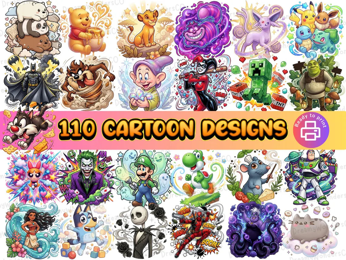 Cartoon MEGA Bundle – 110 Colorful Detailed PNG Designs – Gaming & Cartoon Collection