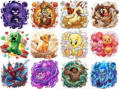 Cartoon MEGA Bundle – 110 Colorful Detailed PNG Designs – Gaming & Cartoon Collection
