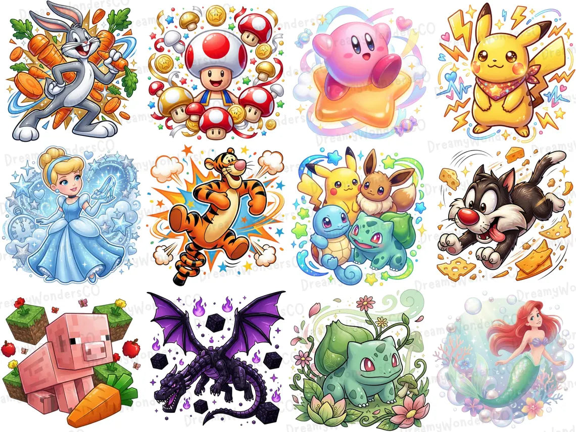 Cartoon MEGA Bundle – 110 Colorful Detailed PNG Designs – Gaming & Cartoon Collection