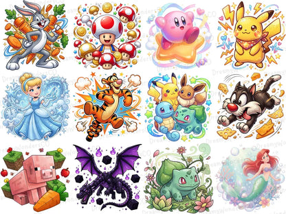 Cartoon MEGA Bundle – 110 Colorful Detailed PNG Designs – Gaming & Cartoon Collection