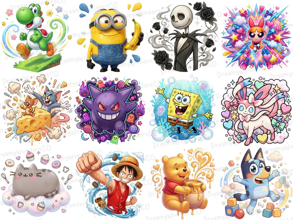 Cartoon MEGA Bundle – 110 Colorful Detailed PNG Designs – Gaming & Cartoon Collection