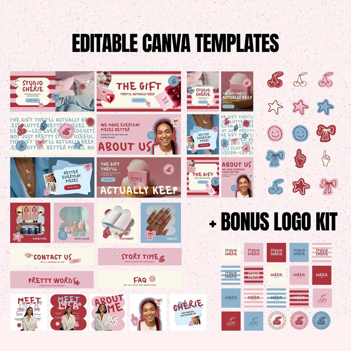 Colorful Shopify Theme, Bright Ecommerce Template, Editable Canva Logo Kit