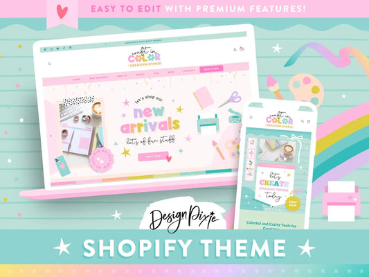 Craft Shopify Theme - Pastel Rainbow Design for Craft, Handmade, Creative Store - Colorful Ecommerce Website Aesthetic - CR01 Design Pixie